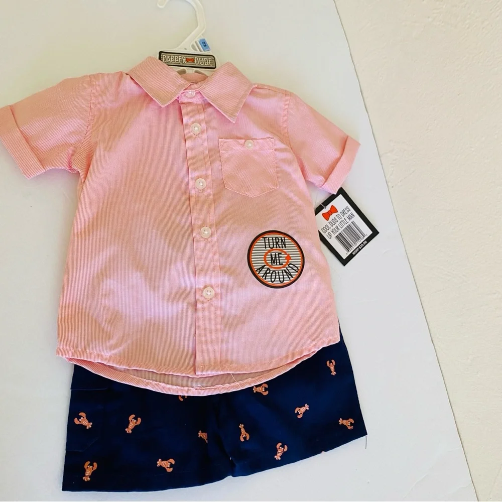 DAPPER DUDE SUSPENDER SHORT PANTS SHIRT SET 12 MONTHS PINK BLUE NWT EASTER